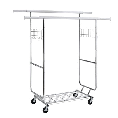 Heavy Duty Double Clothing Garment Rack With Shelves - Silver
