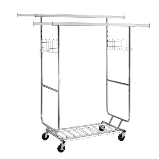 Heavy Duty Double Clothing Garment Rack With Shelves - Silver