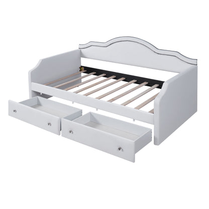 Twin Size Upholstered Daybed With LED Lights And 2 Drawers - Beige
