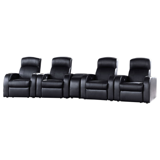 Greenfield - 4 Seater Home Theater With Wedge Console Recliners With Built In Storage And Cup Holders - Black