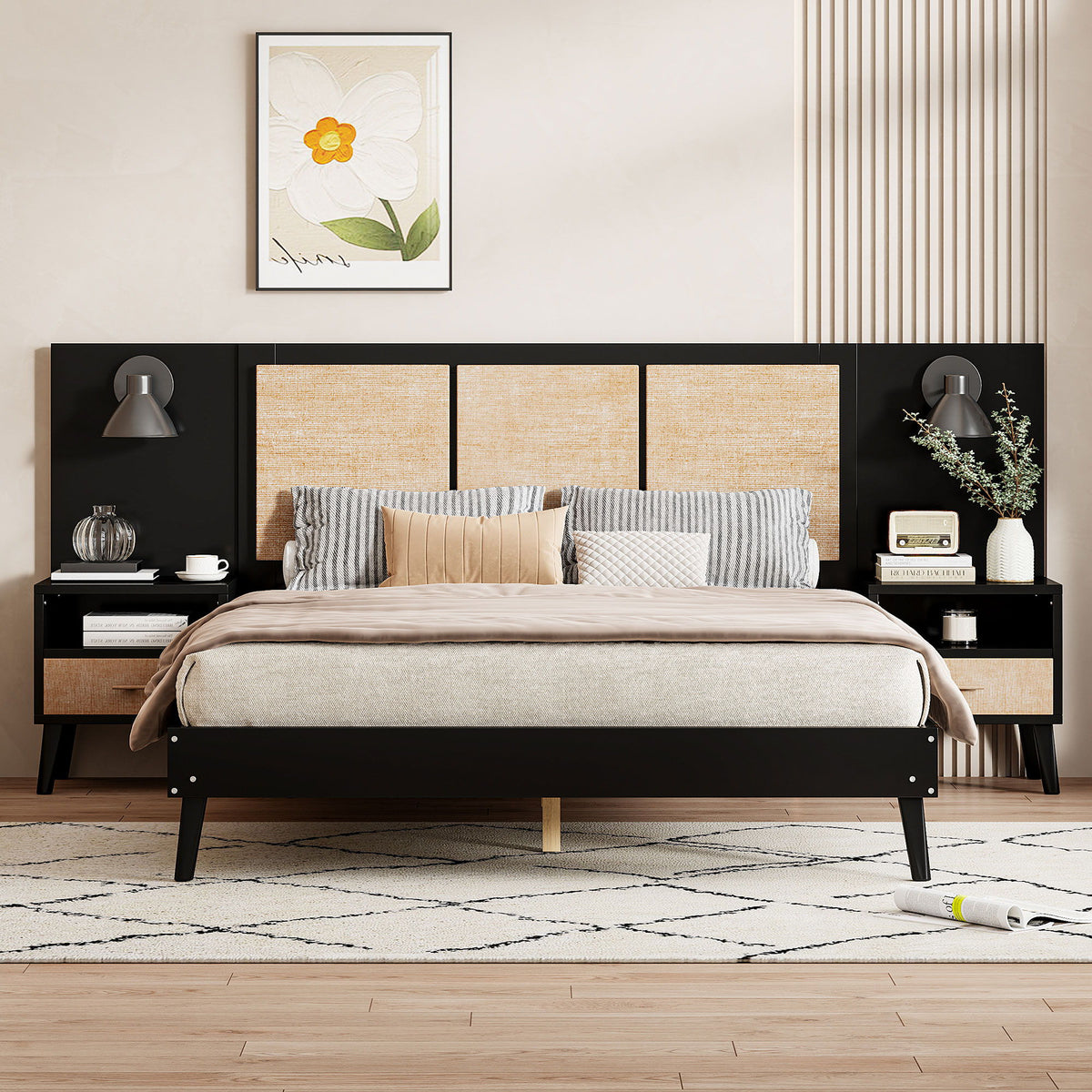 Bed Frame With 2 Nightstands Elegant Design With Lamps