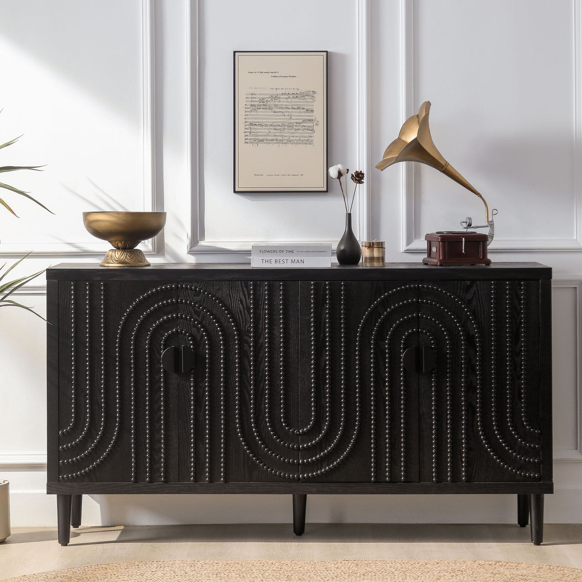 Modern Sideboard Cabinet With Decorative Nailhead Accents, Stylish Storage Solution For Dining, Living Rooms - Black