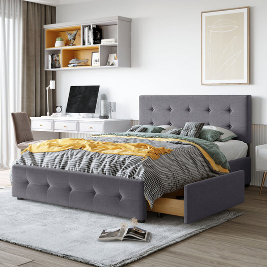 Upholstered Platform Bed With Classic Headboard And Drawers, No Box Spring Needed