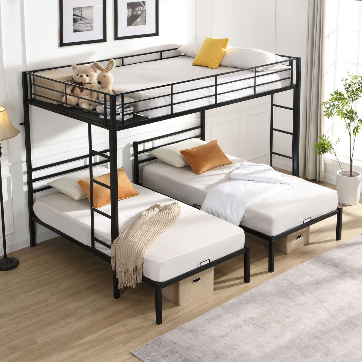 Modern Metal Triple Bunk Bed With Vertical Ladder, Safety Rail, And Storage Shelf - Black