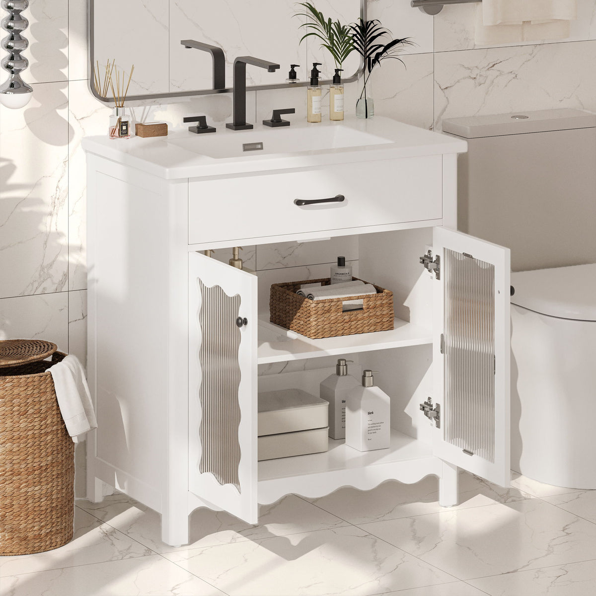 Modern Bathroom Vanity With Tempered Glass Doors
