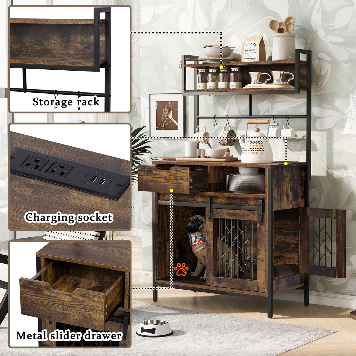 Furniture Style 2 In 1 Pet Friendly Dog Crate Composite Desk Hutch - Rustic Brown
