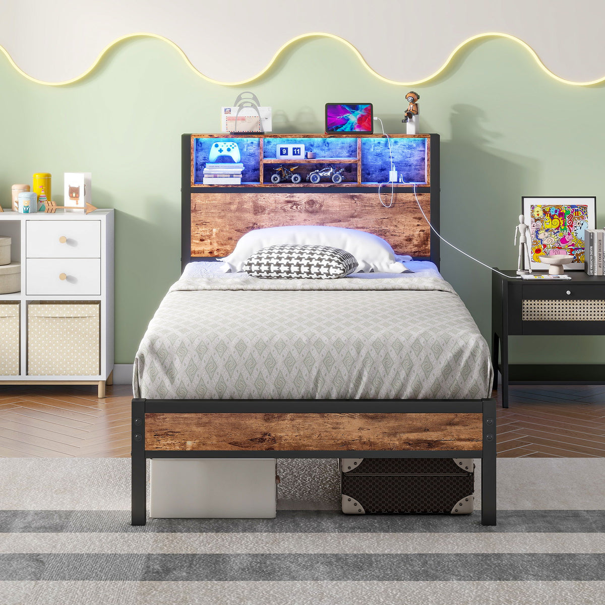 Modern Twin Size Metal Platform Bed Frame With Storage Headboard And Charging Station - Brown