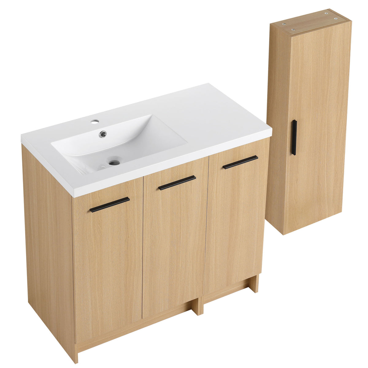 Freestanding Bathroom Vanity Set With Tall Linen Cabinet, 3 Door Storage Cabinet, Single Sink