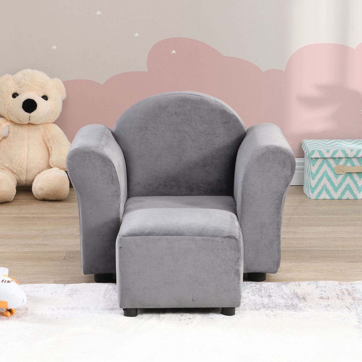 Kids Recliner Chair, Kids Upholstered Couch With Ottoman - Dark Gray