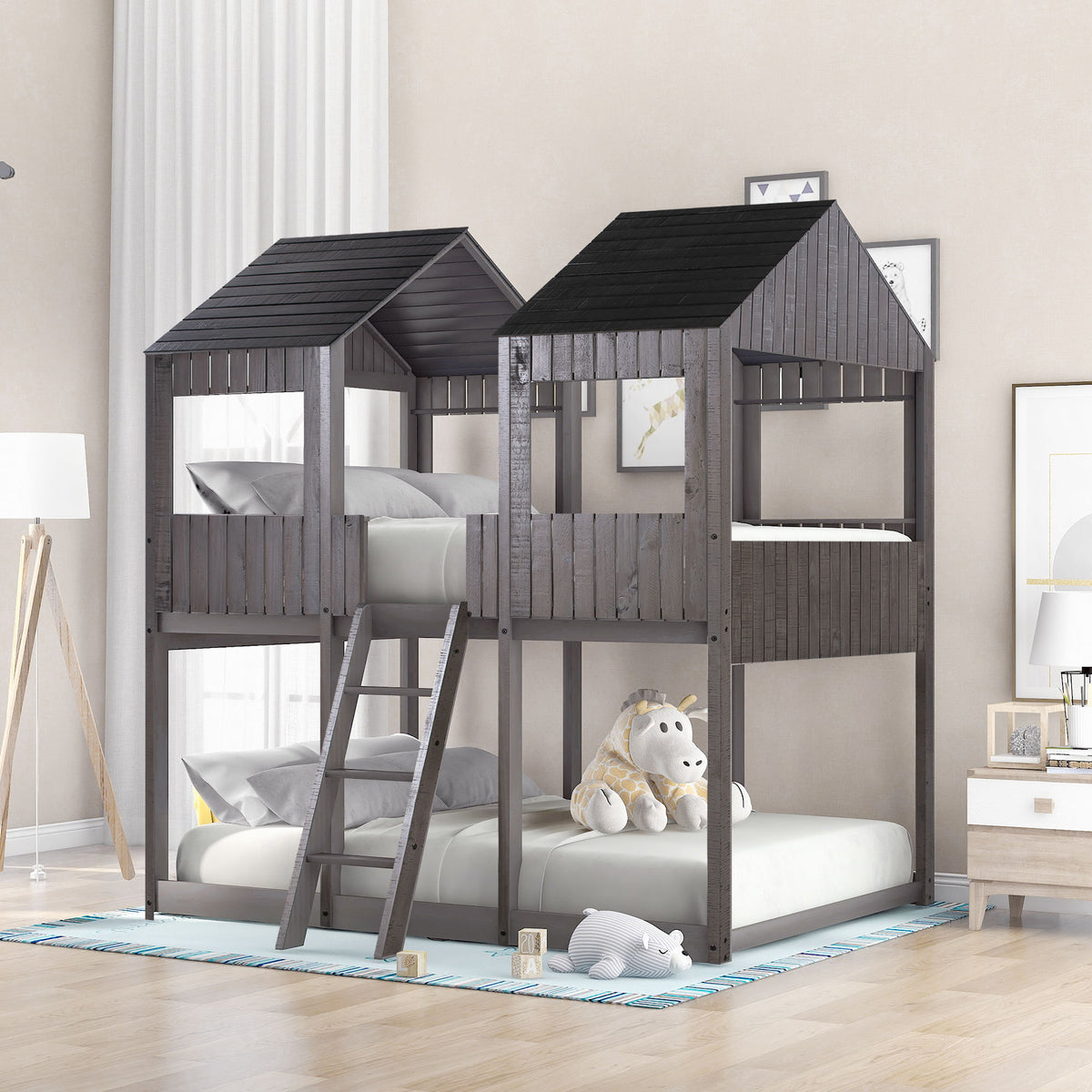 Bunk Bed With Roof, Window, Guardrail, Ladder