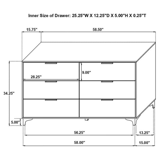 Karena - Rectangular 6 Drawer Dresser - White