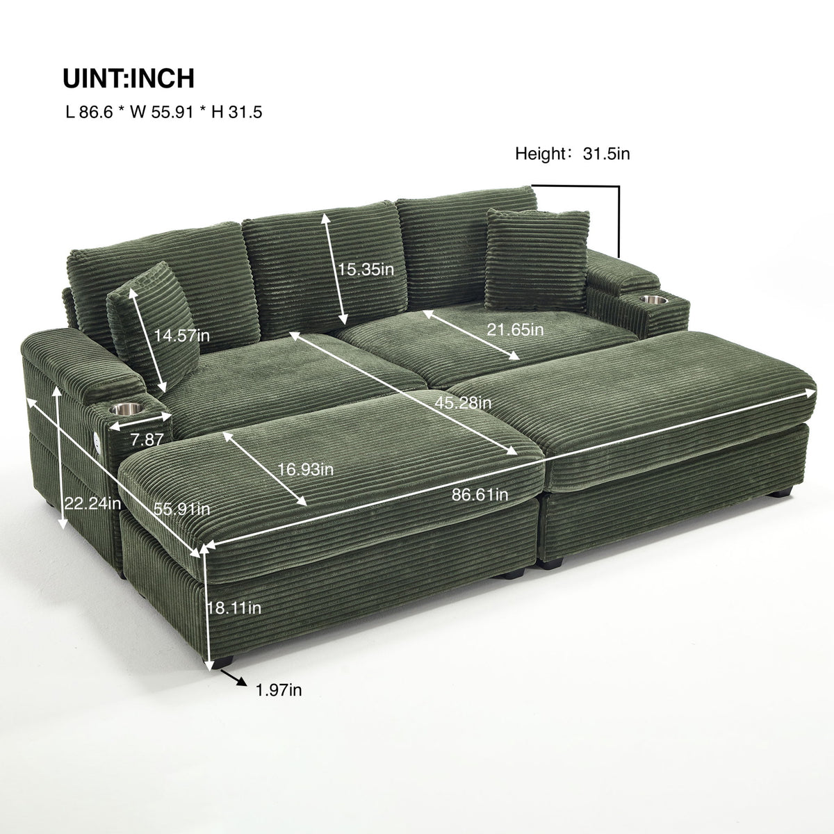 Convertible Sectional Sofa Bed Set With Armrest Storage, Cup Holder, USB, 4 Seater - Green