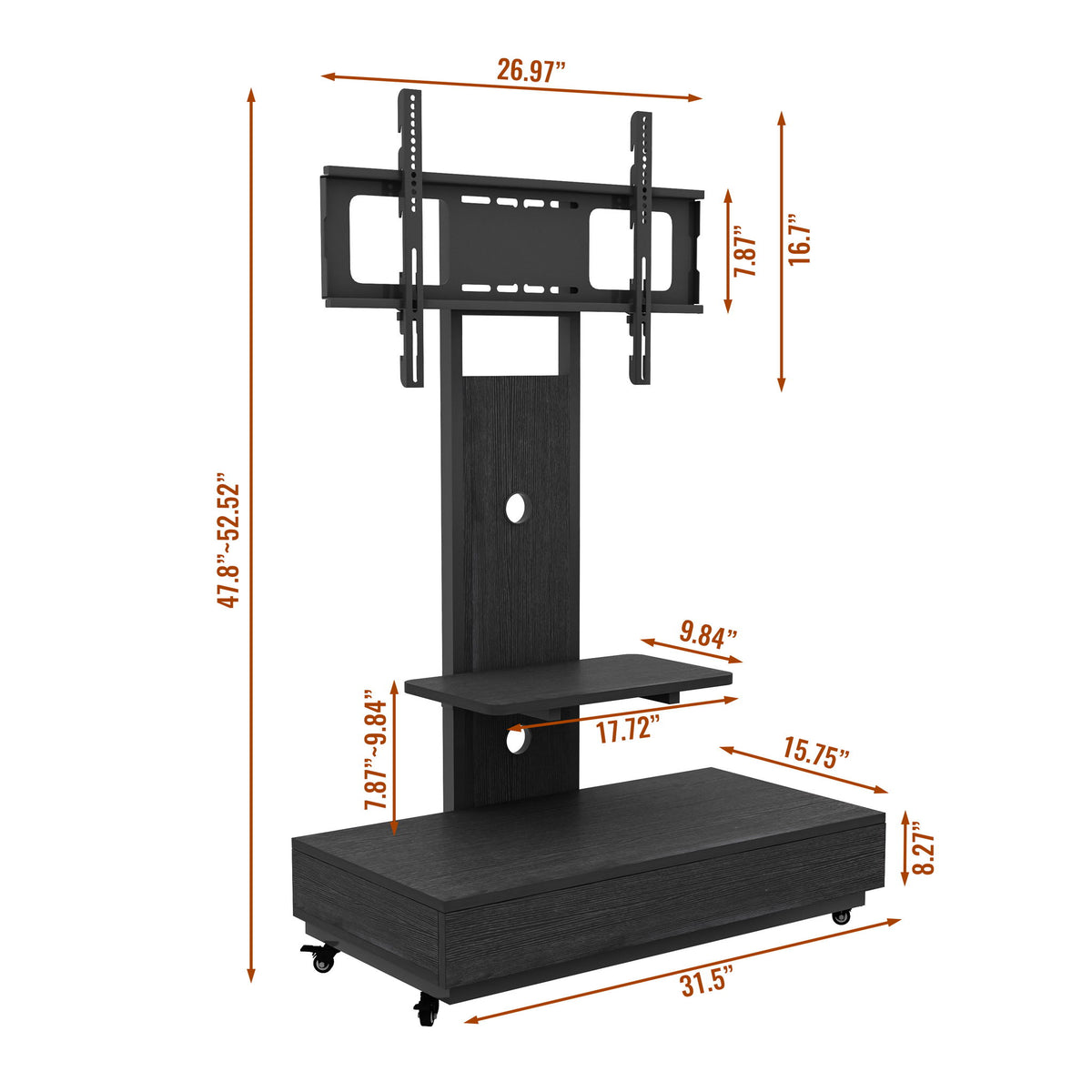 Mobile TV Cart With Push Pull Drawer, Lockable Wheels