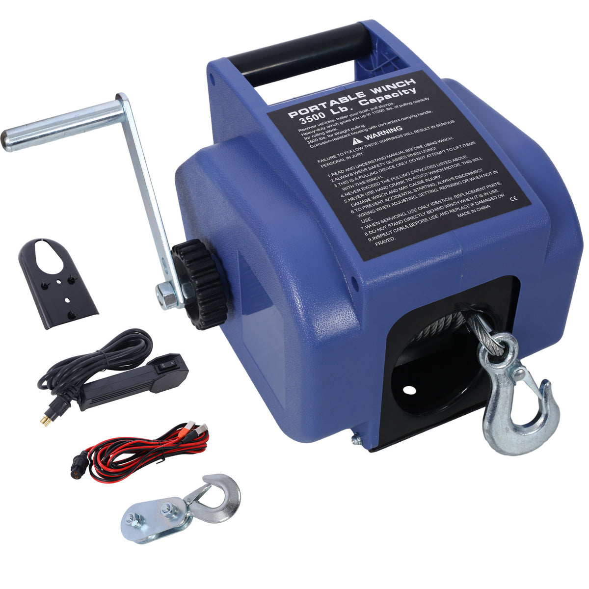 Reversible Electric 12V Trailer Winch For Boats Up To 6000 Lbs With Galvanized Wire Rope And Casing - Blue