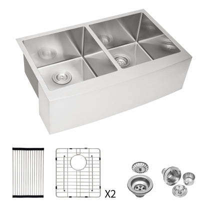 Double Bowl Farmhouse Sink, Stainless Steel Apron Front Kitchen Sink 16 Gauge - Brushed Nickel