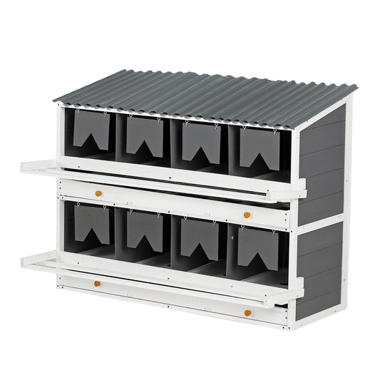 Wooden Chicken Nesting Box With 2 Egg Collection Drawers - White / Gray