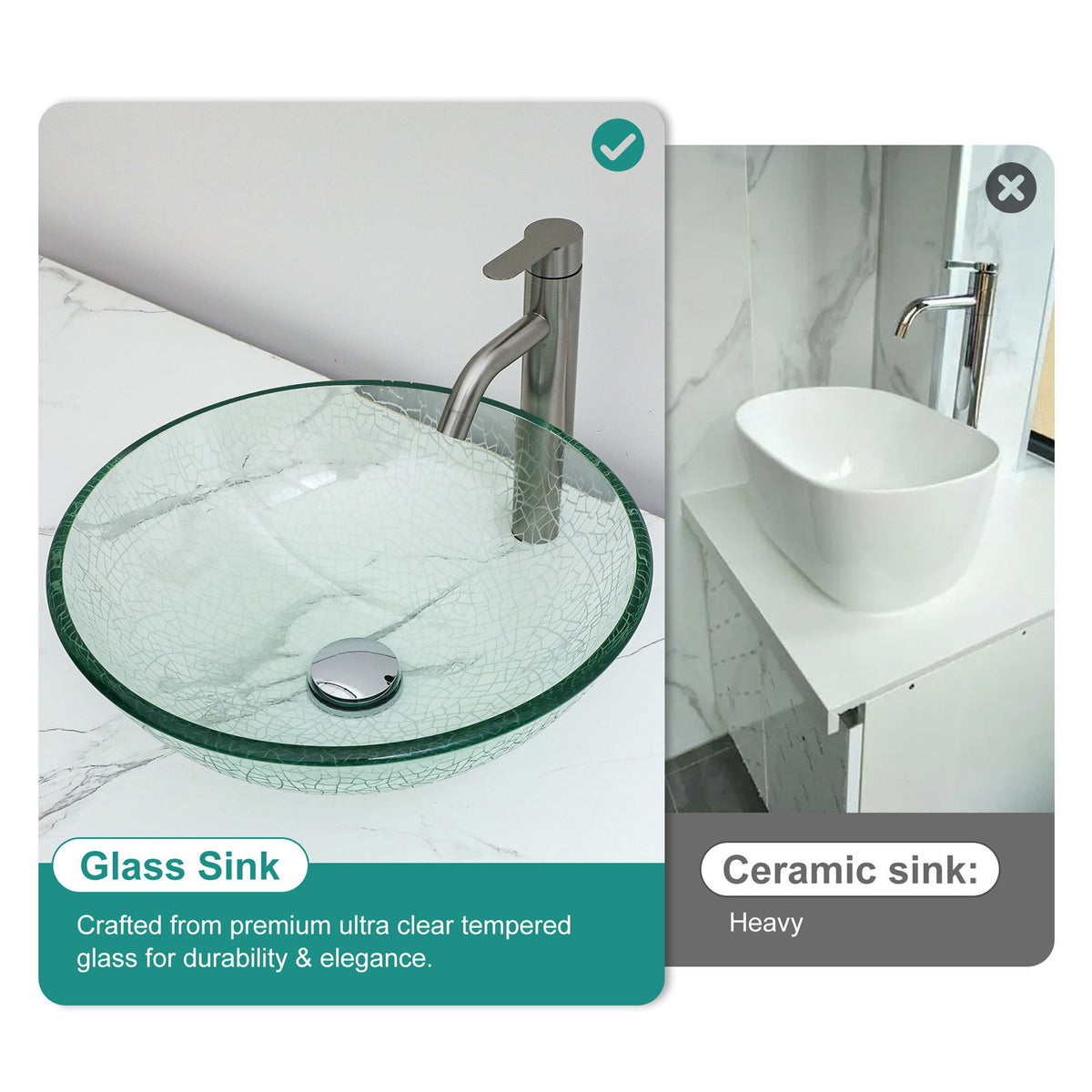 Crackle Vessel Sink, Round Bowl With Pop Up Drain - Clear