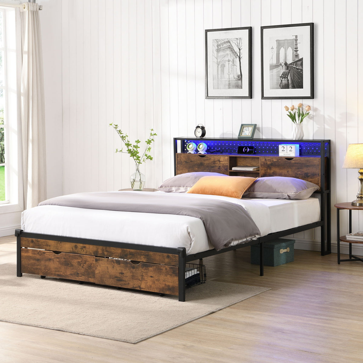 Modern Metal Platform Bed Frame With Wooden Headboard, USB Charging Station, Storage Drawers