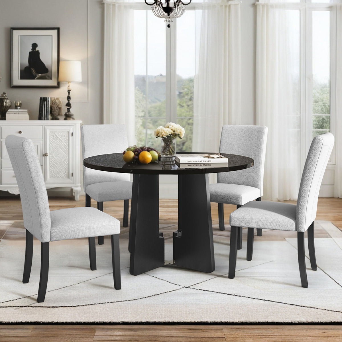 5 Piece Round Dining Table Set, Modern Dining Table And 4 Upholstered Chairs For Dining Room