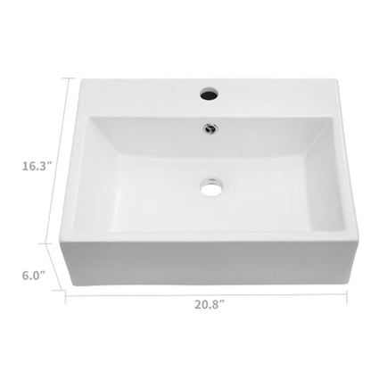 Modern Ceramic Rectangular Wall Mounted Bathroom Sink With Faucet Hole & Overflow