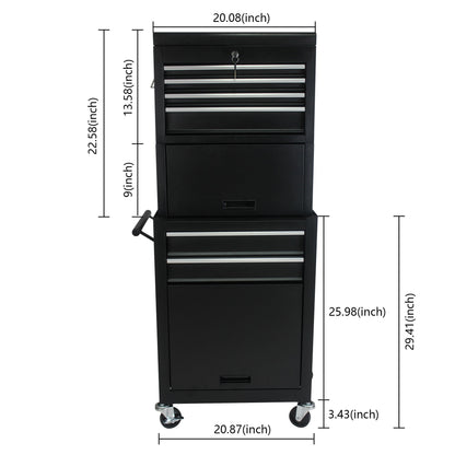 6 Drawer Lockable Tool Cabinet On Wheels, Steel Rolling Tool Chest With Detachable Toolbox