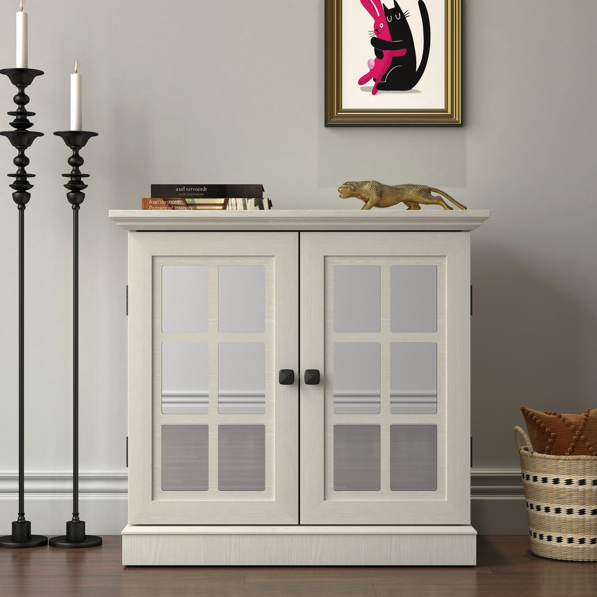 Sideboard Cabinet With Mirrored Doors, Adjustable Shelf, Metal Handles