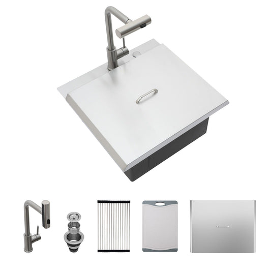 21" Drop In Kitchen Sink With Pull Out Faucet And Sink Cover, 16 Gauge - Brushed Nickel