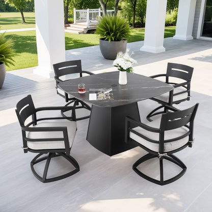 Outdoor Patio Dining Set, Squircle Dining Table, Dining Chairs With Sunbrella Cushions
