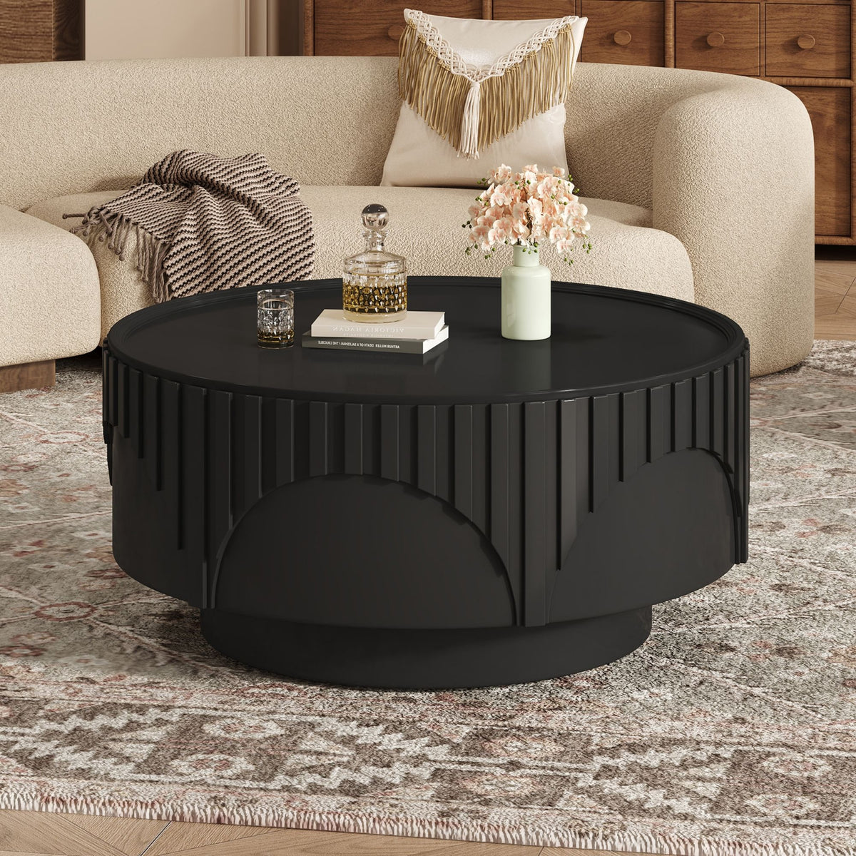 Round Fluted Drum Coffee Table With Sturdy Base For Living Room