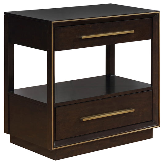 2 Drawer Nightstand With Trim And USB Charging - Brown