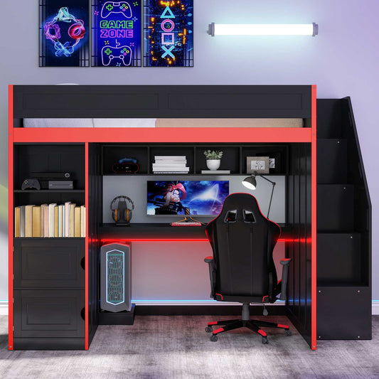 Gaming Loft Bed With Desk And Storage, LED Lights