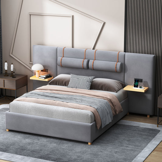 Upholstered Platform Bed, 2 Outlets And USB Charging Ports On Both Sides, 2 Bedside Pillows, Storage Shelves