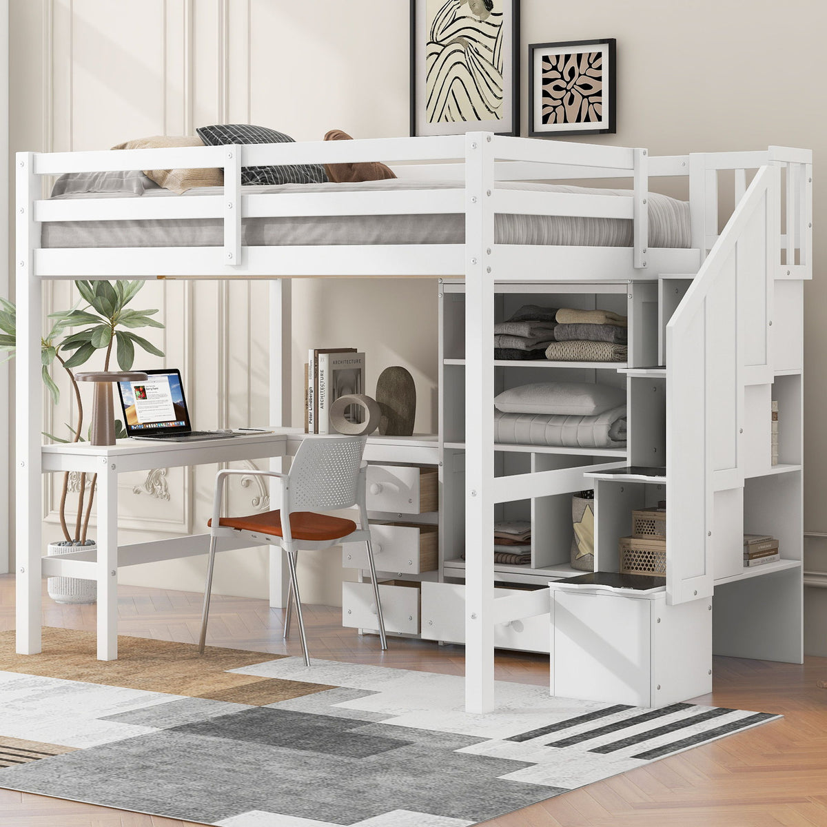 Loft Bed & L Shaped Desk, Drawers, Cabinet, And Storage Staircase