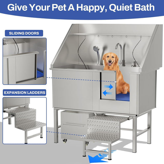 Stainless Steel Dog Washing Station With Seamless Design And Accessories - Silver