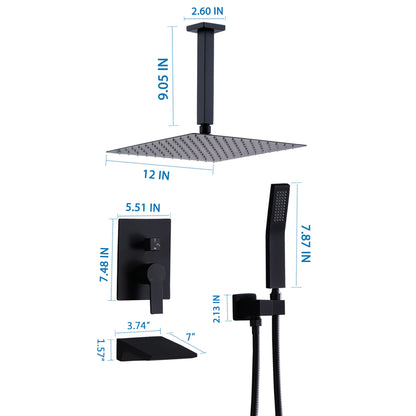 Contemporary Shower System With 12" Rainfall Head And Handheld Spray, Wall Mounted