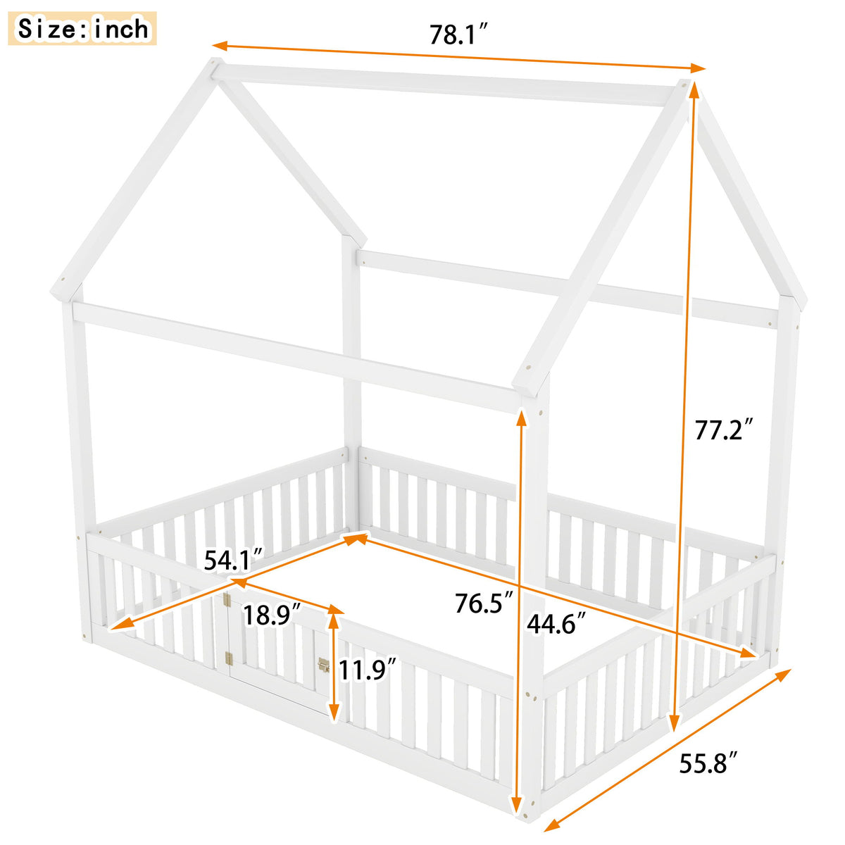 Wood House Bed With Fence And Door