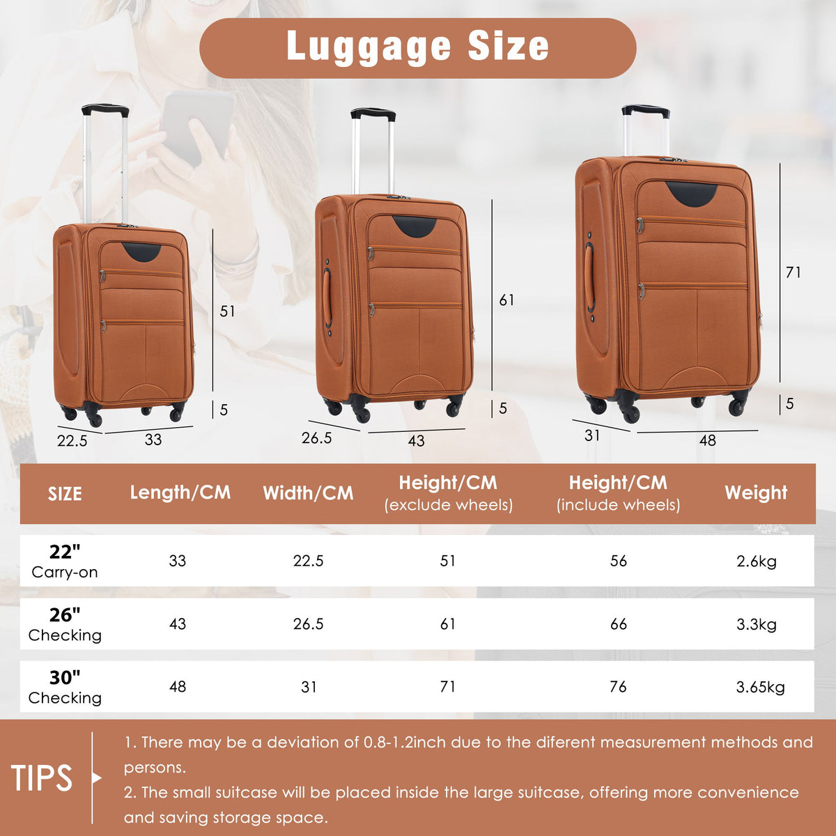 Softside Luggage Expandable 3 Piece Set Upright Spinner Lightweight Travel Suitcase 22" / 26" / 30" - Orange