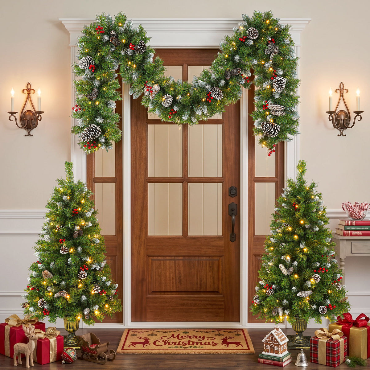 Pre Lit Artificial Christmas Tree Set With LED Lights, 3 Piece Garland And Entrance Trees, Warm Lighting, Indoor Use Only - Green