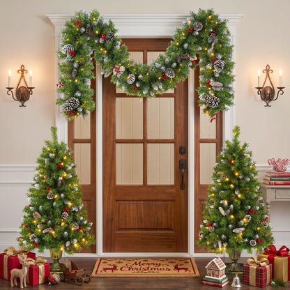 Pre Lit Artificial Christmas Tree Set With LED Lights, 3 Piece Garland And Entrance Trees, Warm Lighting, Indoor Use Only - Green