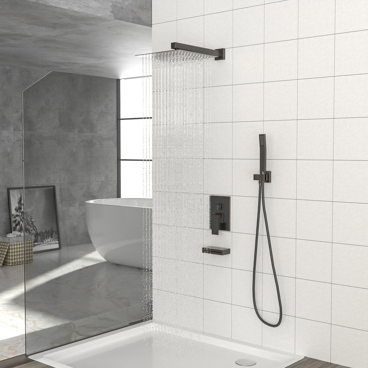 Square Shower System With Waterfall Tub Spout And Rough In Valve, Wall Mounted
