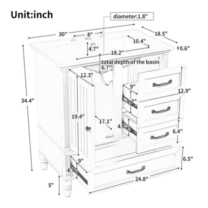 30" Bathroom Vanity With Sink, 3 Drawers, Adjustable Feet