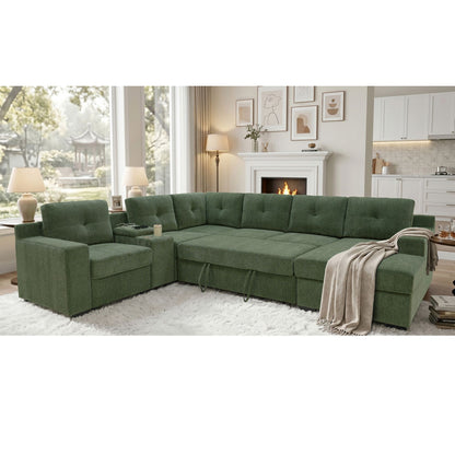 U - Shape Sectional Pull Out Bed With Console, Storage, And USB Charging