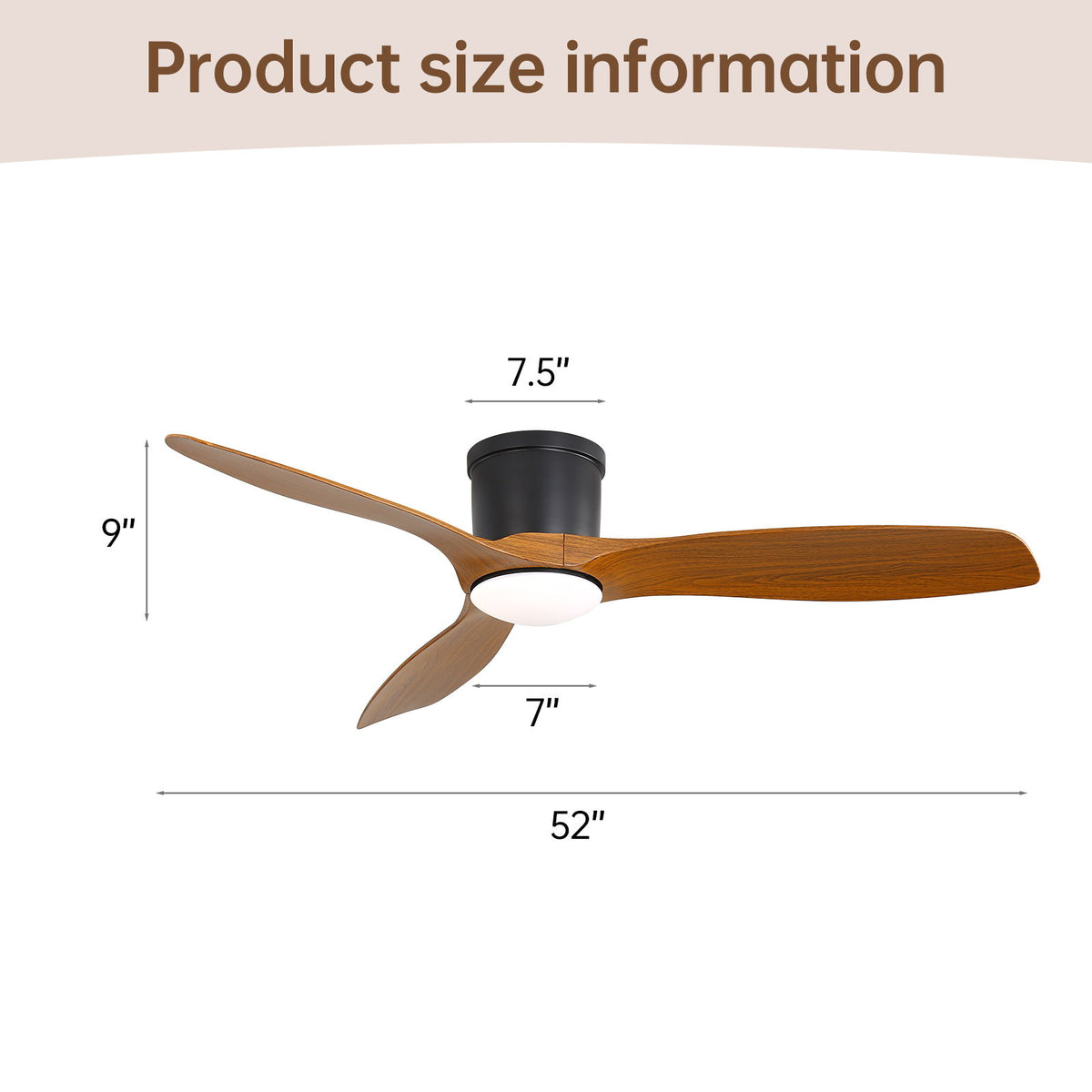 Smart Ceiling Fan With Remote Control, 3 Blades, Dimmable LED Light, Reversible DC Motor - Black