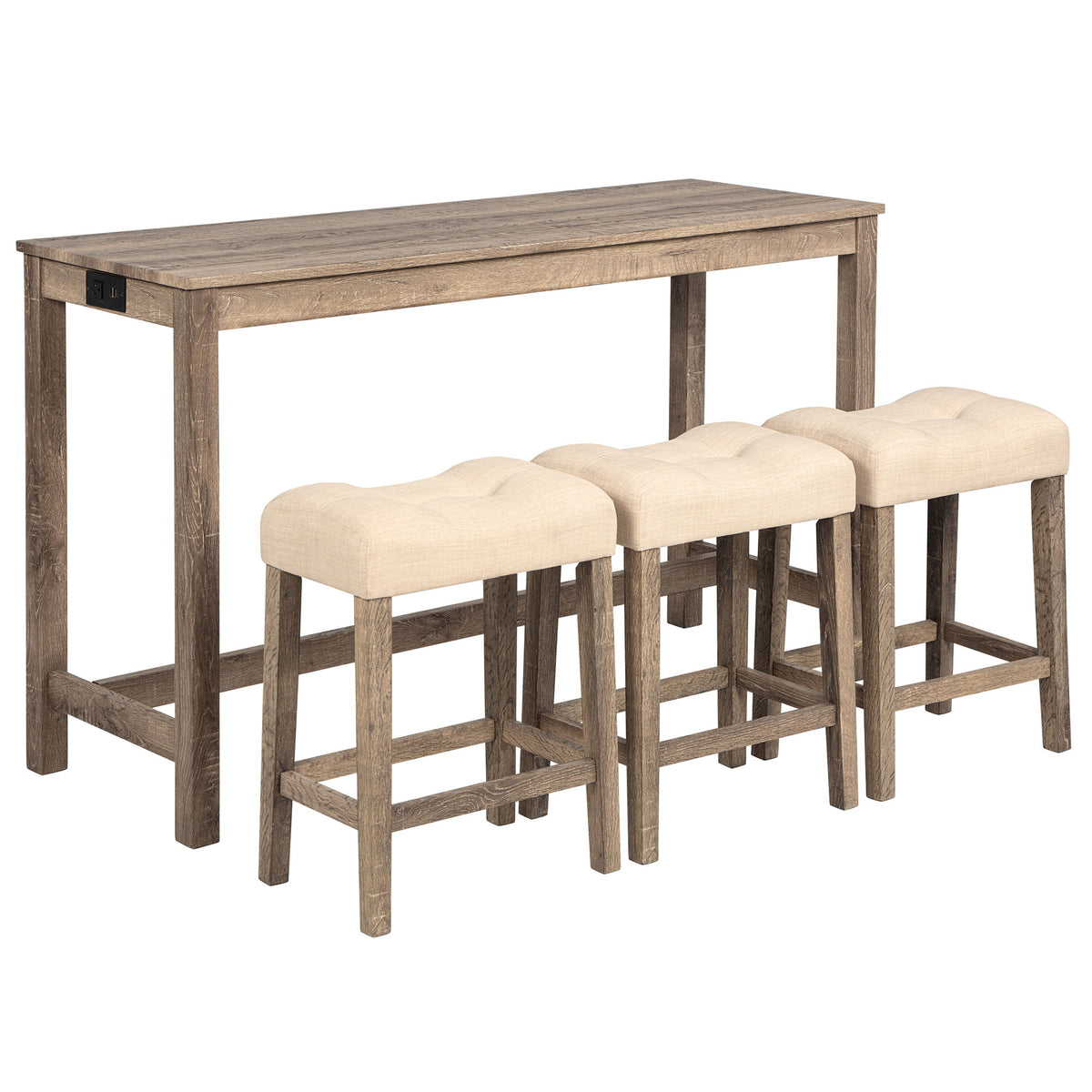 4 Piece Bar Table Set With Power Outlet, 3 Padded Stools