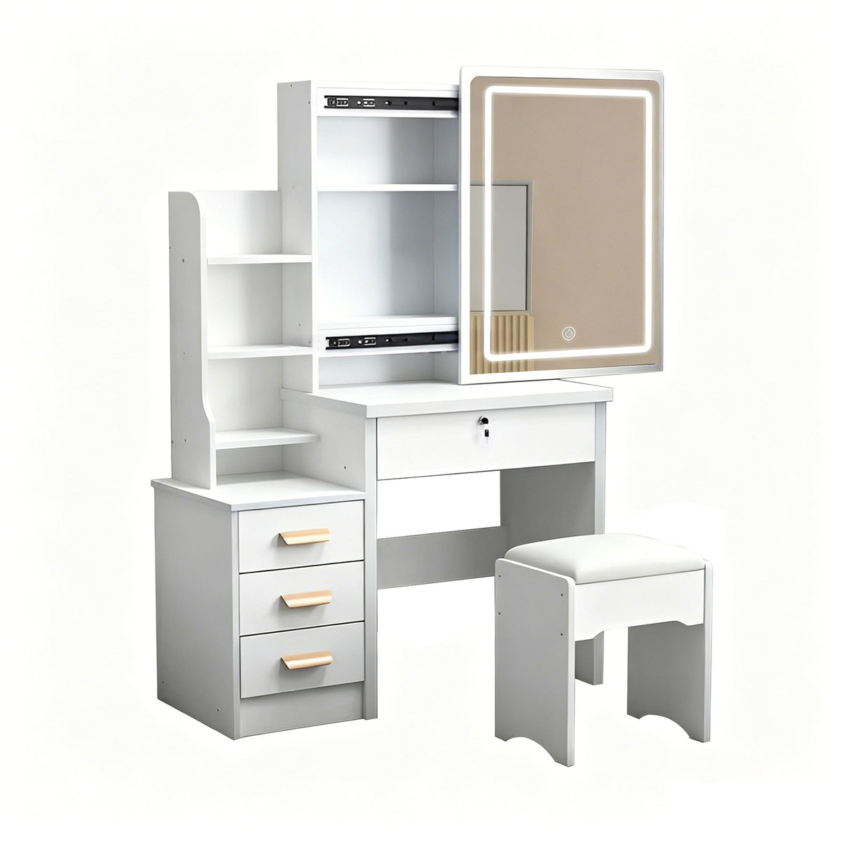 Vanity Desk With Mirror And Lights For Makeup And Chair Set With 3 Adjustable LED Lighting, 4 Drawers - White