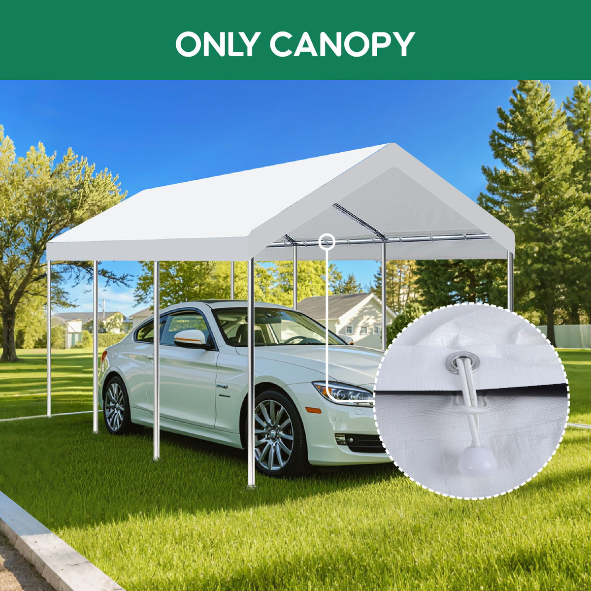 10 X 20 Ft Carport Canopy Cover Replacement Heavy Duty Waterproof Fabric With 36 Bungee Cords UV & Tear Resistant (Cover Only) - White