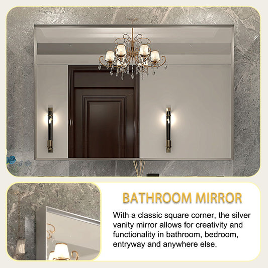 Glossy Framed Mirror For Bathroom Rectangular Wall Bathroom Mirror Metal Frame Farmhouse Mirror Large Decorative Square Corner Rectangle Mirror (Horizontal & Vertical) - Silver