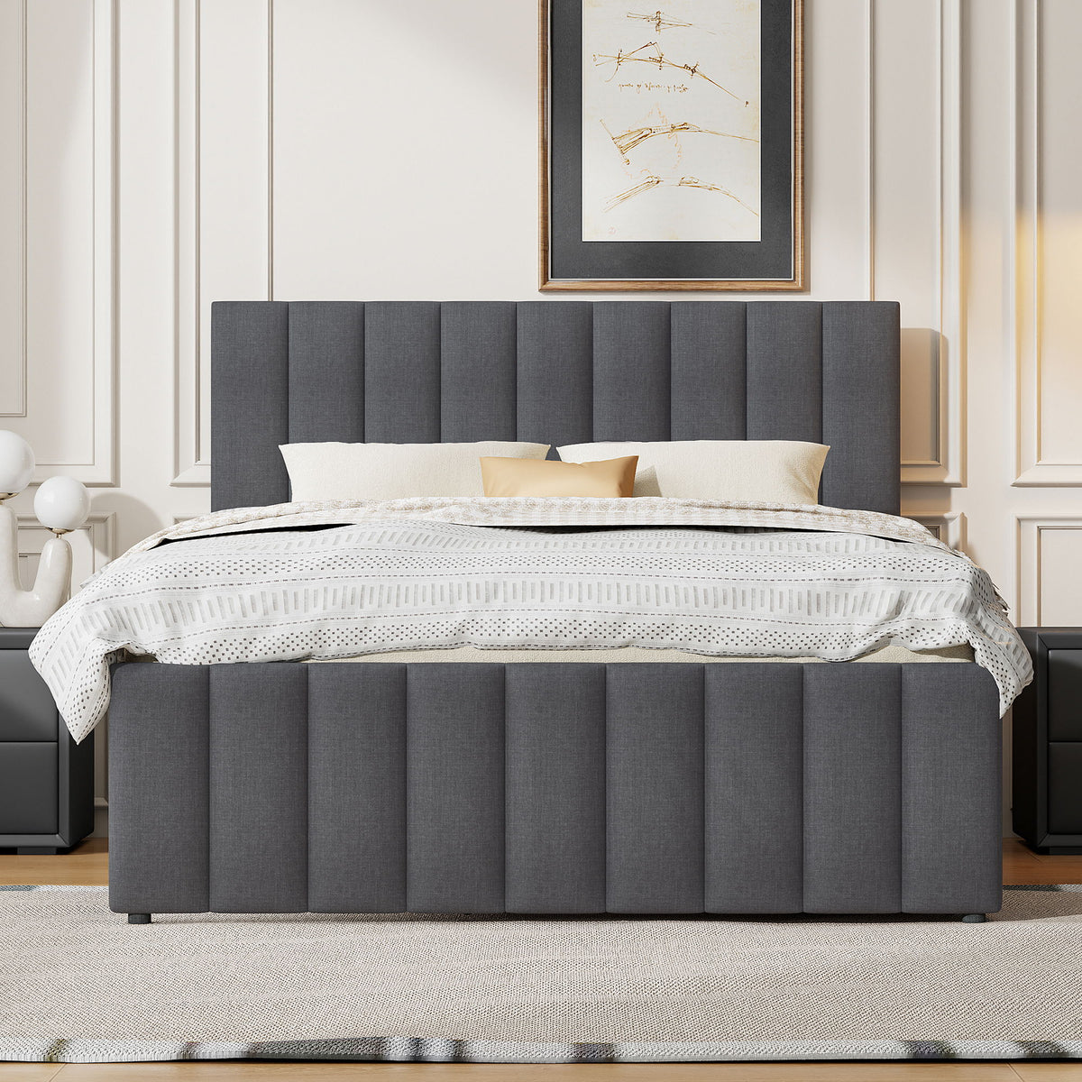 Upholstered Platform Bed With Twin Size Trundle And 3 Drawers