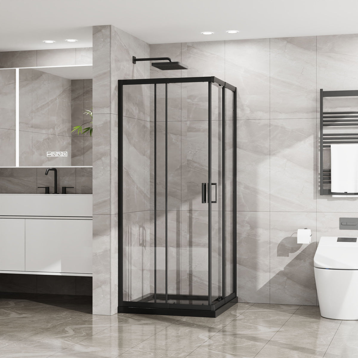 Corner Sliding Shower Door And Shower Base Combo Kit No Drain Kit - Matte Black