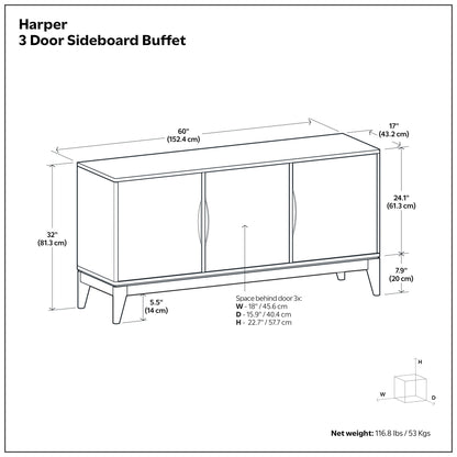 Harper - 3 Door Sideboard Buffet / Storage Cabinet - Walnut Brown